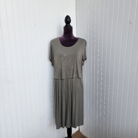 J. JILL Women Tiered Dress Back Buttons Side Pocketed Stretch Midi Olive Green L - Picture 1 of 12